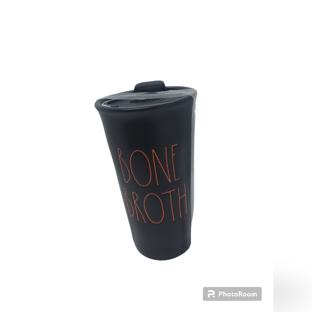 Rae Dunn  "Bone Broth" Black Ceramic Travel Mug NIB